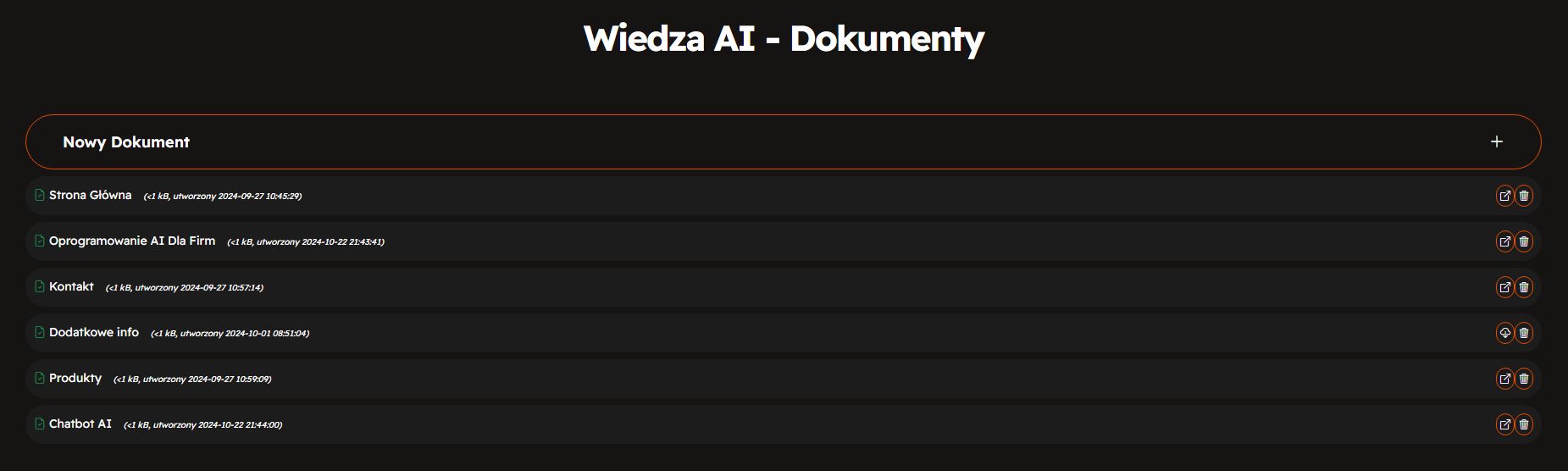 Widok ekranu z wiedzą aktualnie posiadaną przez Sztuczną Inteligencję wraz z możliwością jej rozszerzania, usuwania i podglądu.